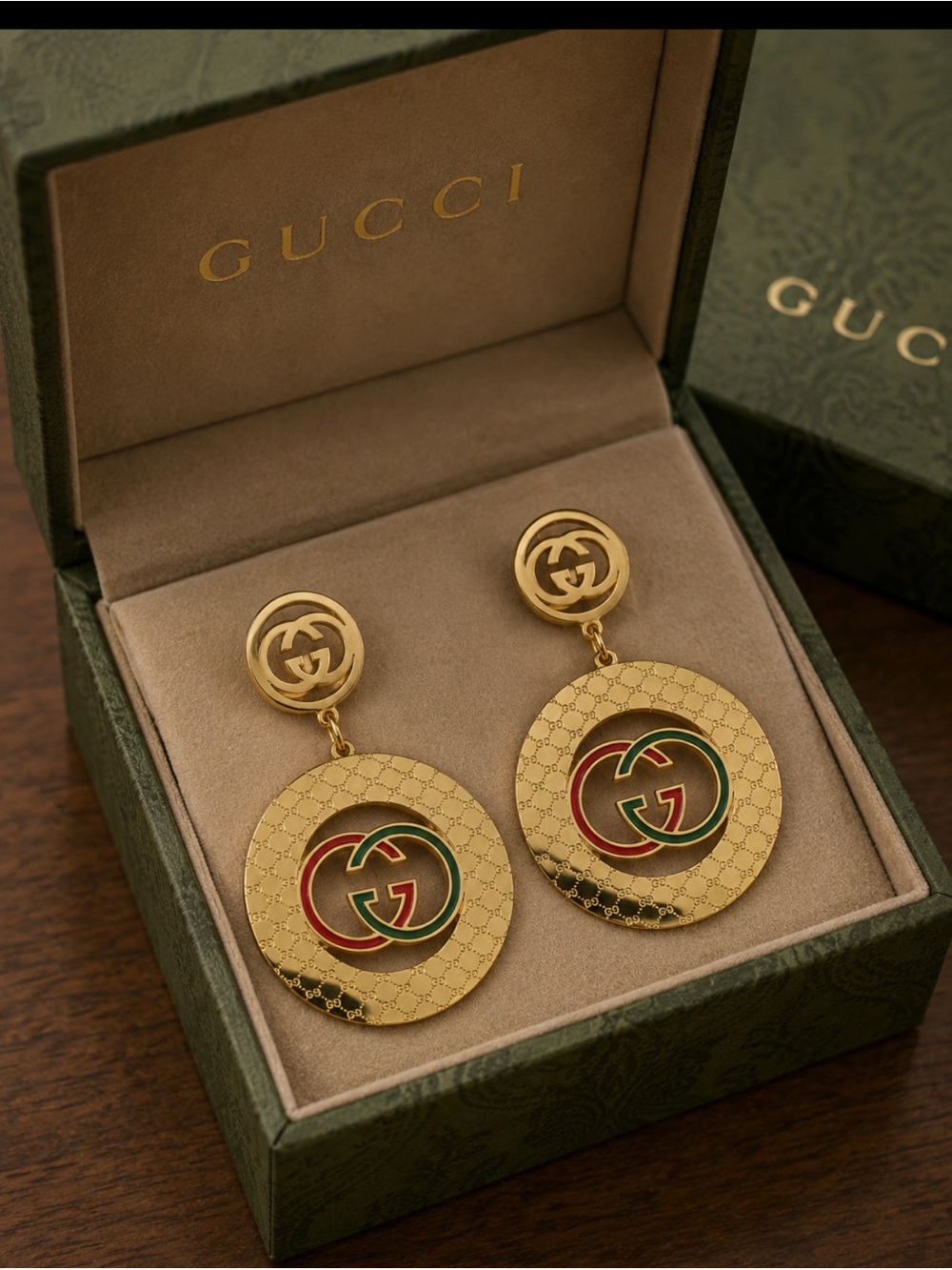Gold-Tone Interlocking G Drop Earrings with Red & Green Enamel